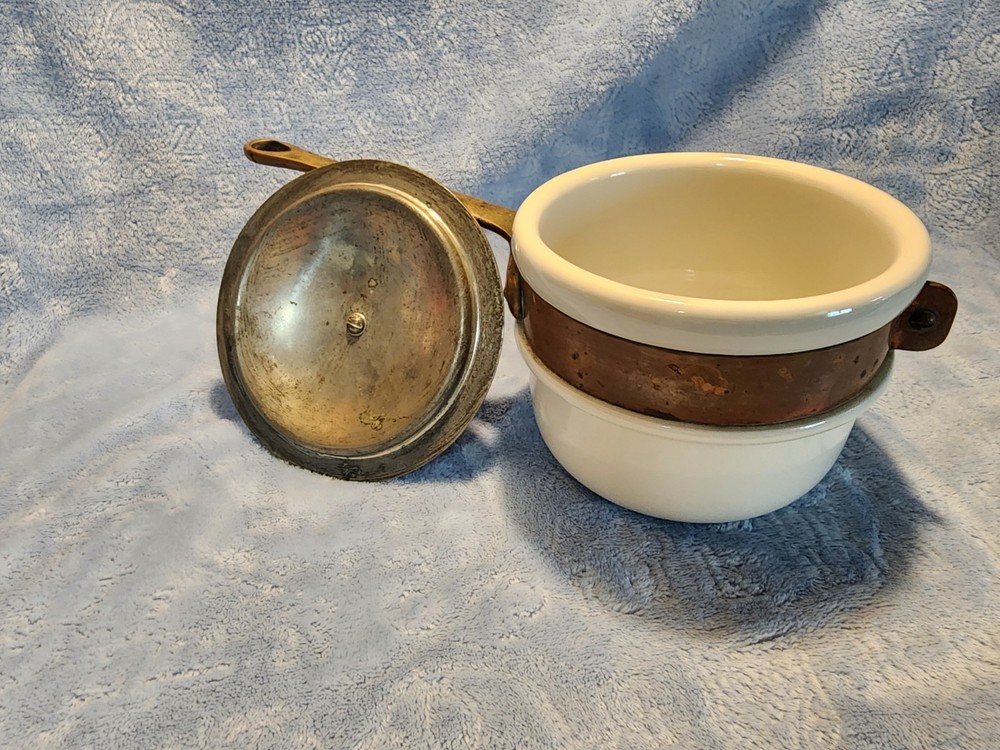 Vintage Hall Double Boiler Insert White Ceramic Copper Band Brass Handle Pot