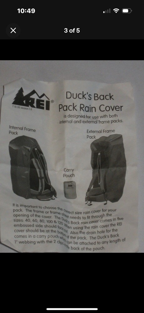 REI Duck's Back 80L Waterproof Backpack Rain Cover