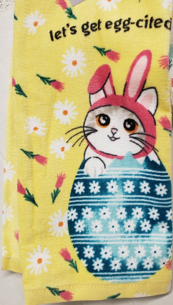 2 DIFFERENT PRINTED TERRY TOWELS (16.5"x26") EASTER,CATS,LET'S GET EGG-SITED, KO