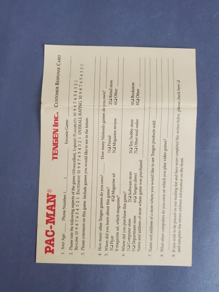 Tengen Game Player Response Card Registration - Pac Man