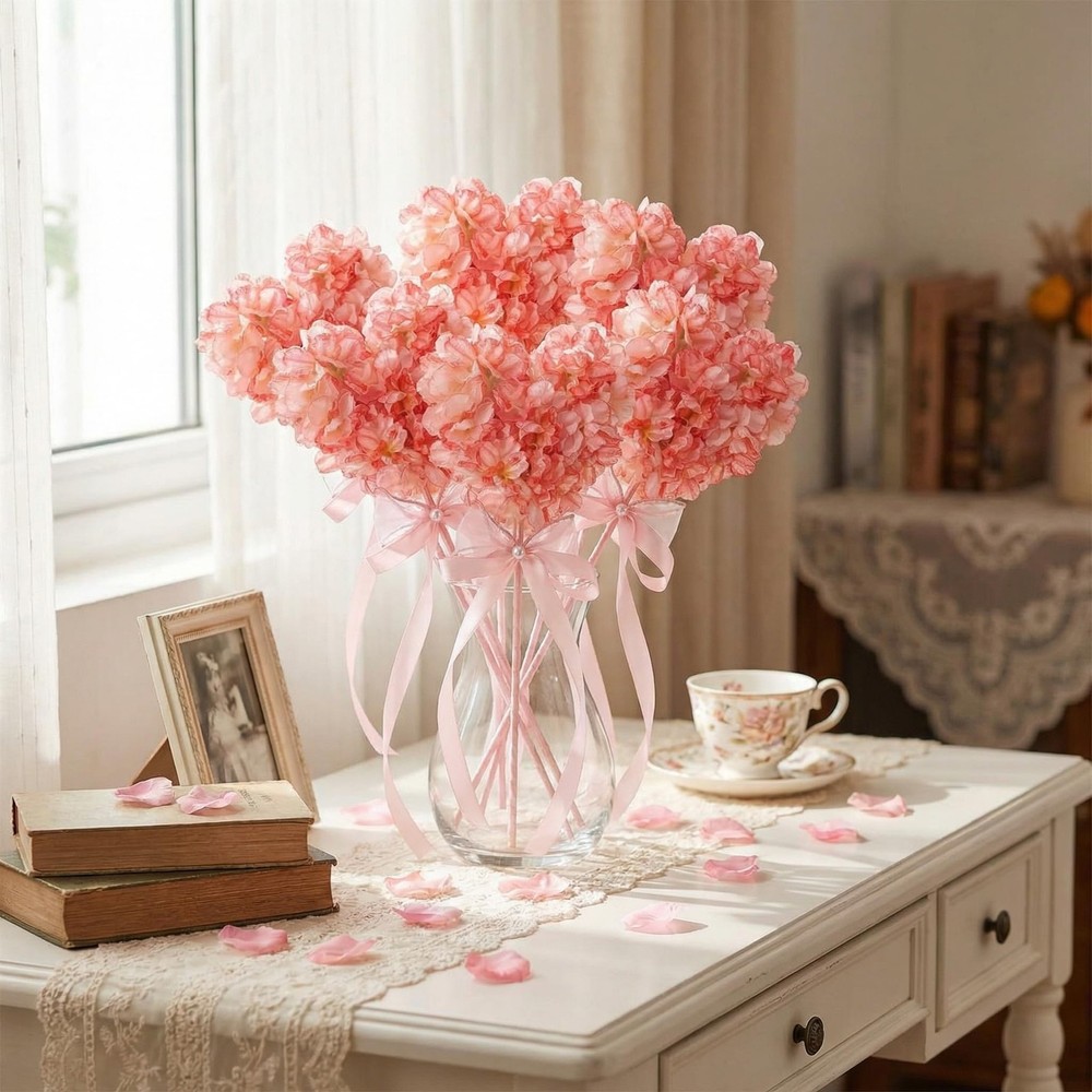 Suncalla 6 Set Heart Shaped Artificial Hydrangea Decor, Romantic Pink