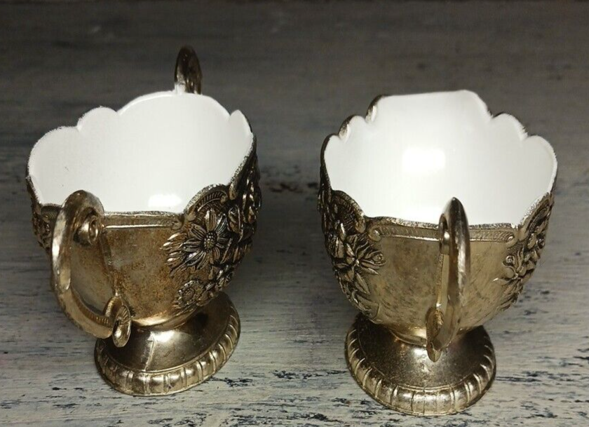 Silver Plate Cream & Sugar Dish Set With Porcelain Inside Nice Embossing Outside