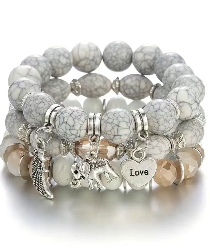 3 PC Handmade Boho Beaded Stackable 6.5” Plus Stretch Bracelet Set New A3856
