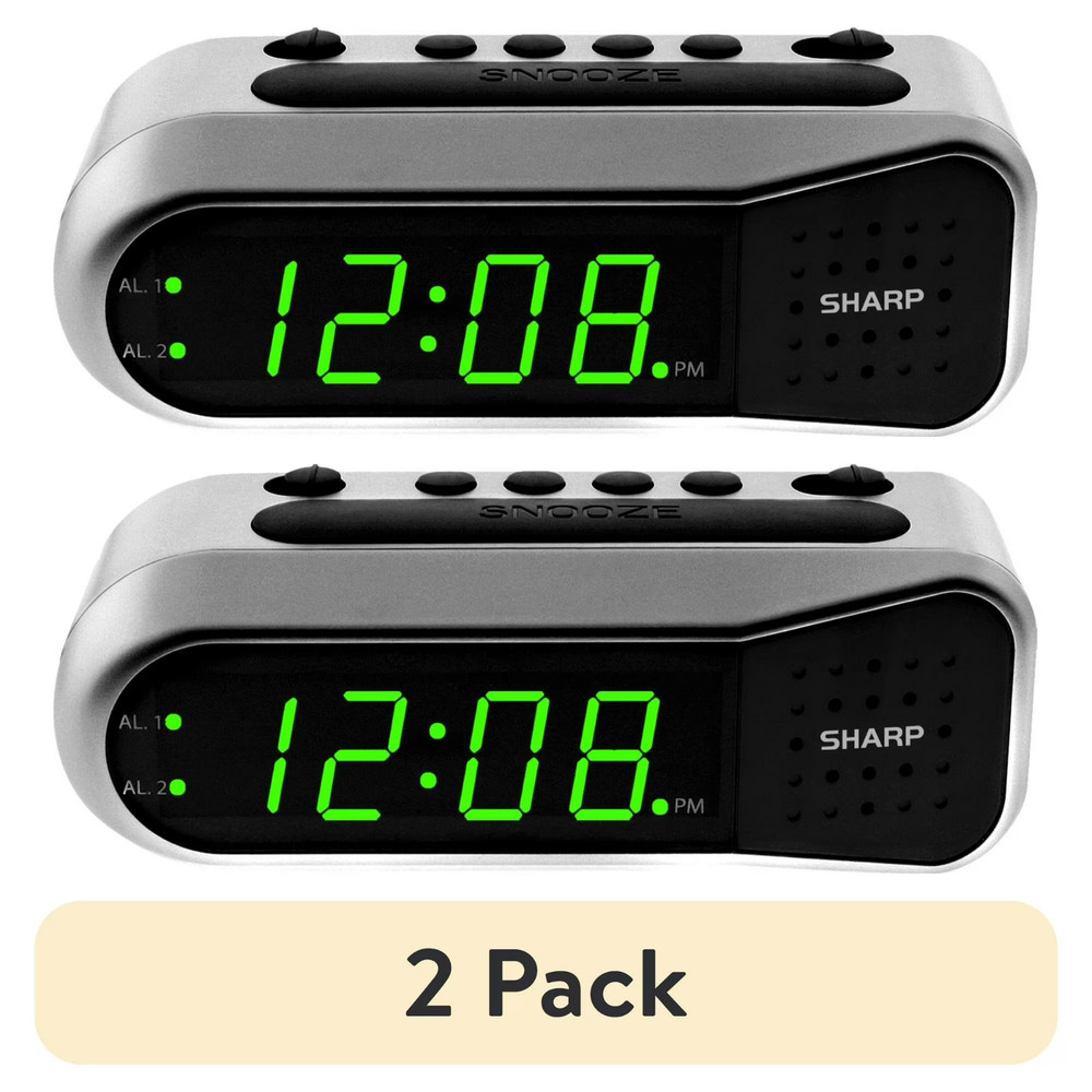 (2 pack) SHARP Digital Dual Alarm Clock, Silver with Green LED Display Ascending