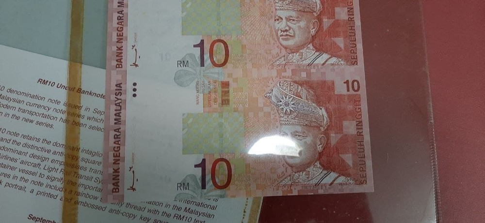 Malaysia uncut sheet 3 in 1 banknote 1997 10 ringgit UNC don