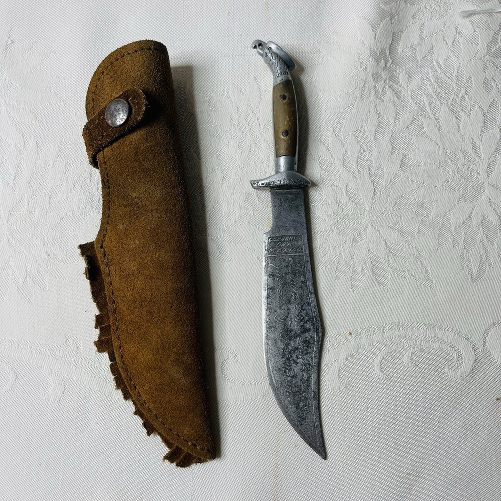 Oaxaca Eagle Head Bowie Knife 8.5" Etched Fixed Blade With Leather Sheath