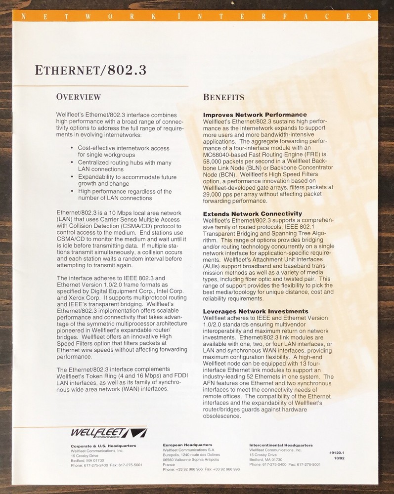 Wellfleet Communications - Ethernet / 802.3 Interface Sales Brochure (1992)
