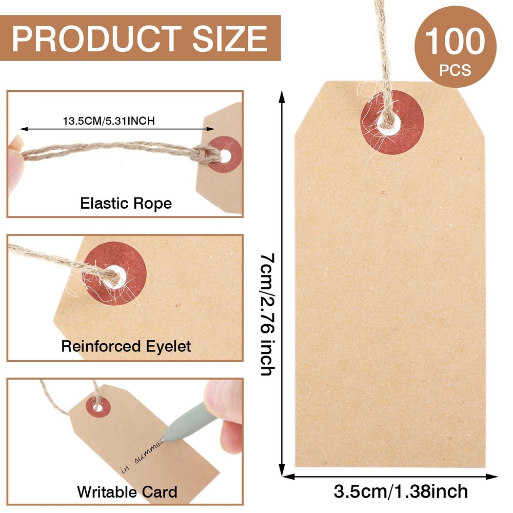 100 PCS Brown Tags with String, Marking Paper Hang One Size,