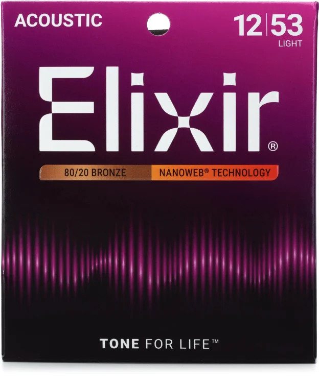 Elixir Strings Nanoweb 80/20 Acoustic Guitar Strings -.012-.053 Light