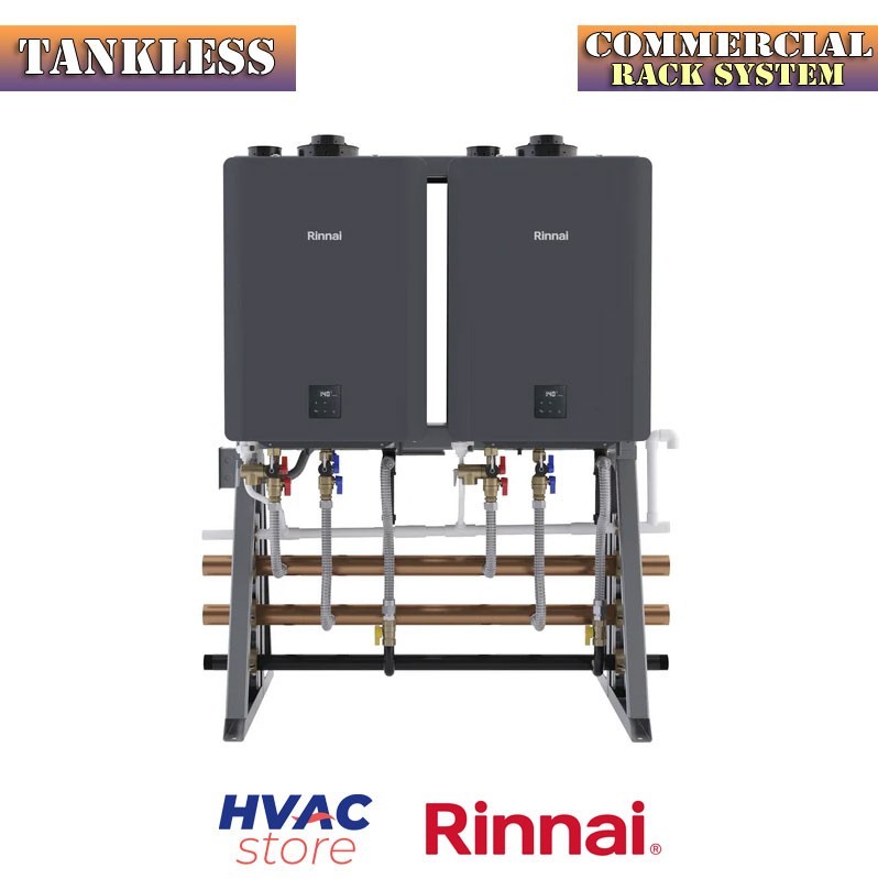 Rinnai Commercial Rack System With Four Unit Tankless Water Heater Freestanding