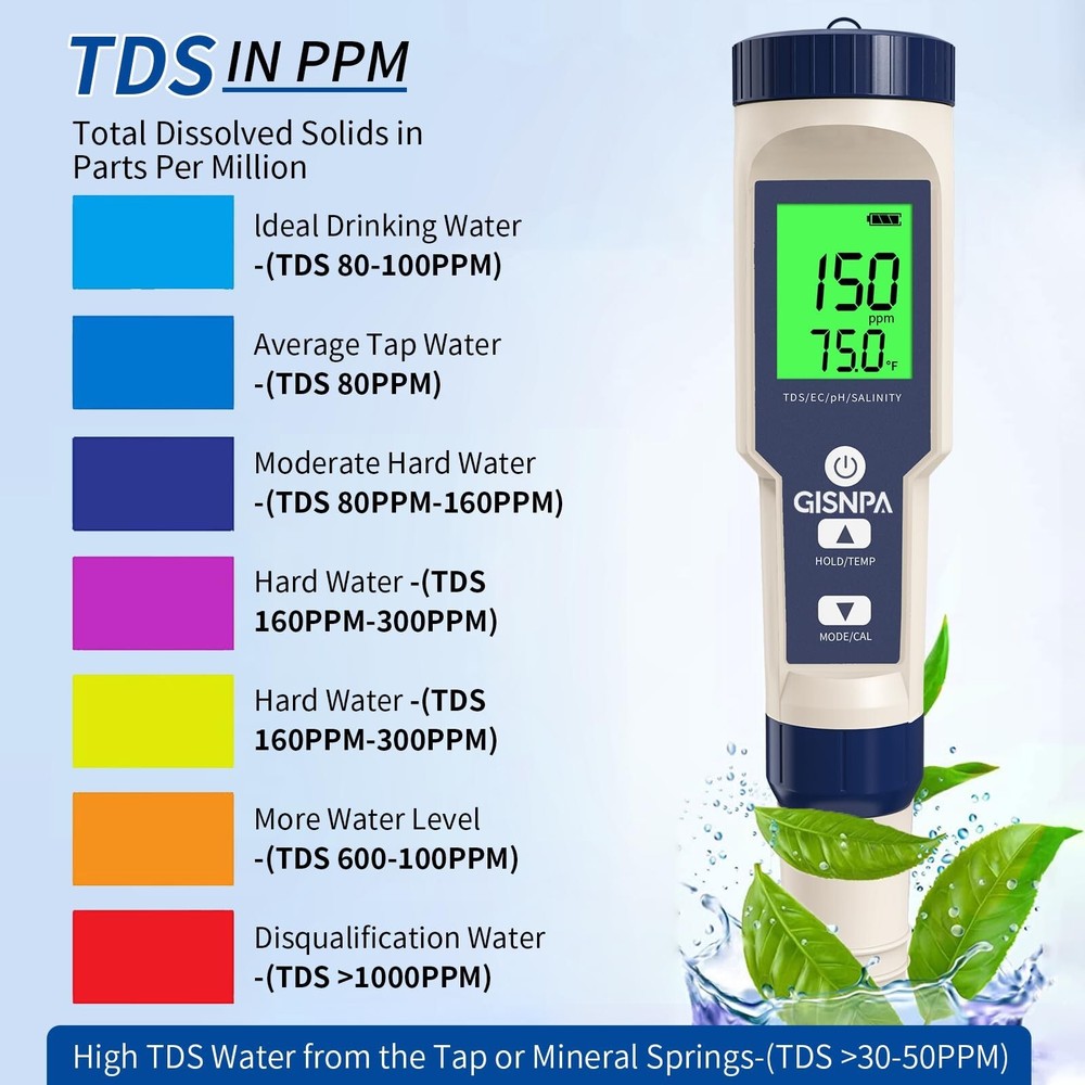 PH Meter, 5 in 1 pH/TDS/EC/Salinity/Temp Meter, Waterproof Pool Salt Tester, ...
