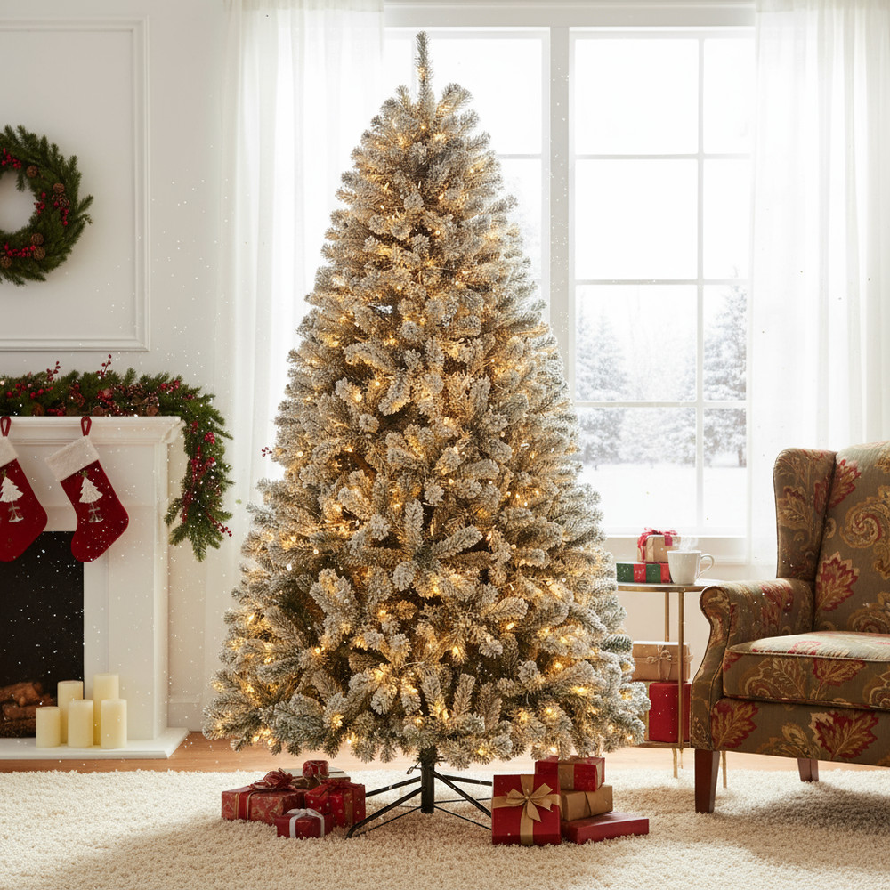 6ft Pre-lit Artificial Flocked Christmas Tree w/8 Adjustable Flash Rate Modes US