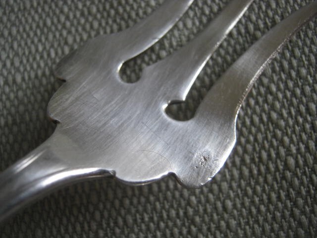 Ornate Antique Silver, Marked L Topiary Tree N, Cold Meat Fork Server, 5 7/8"