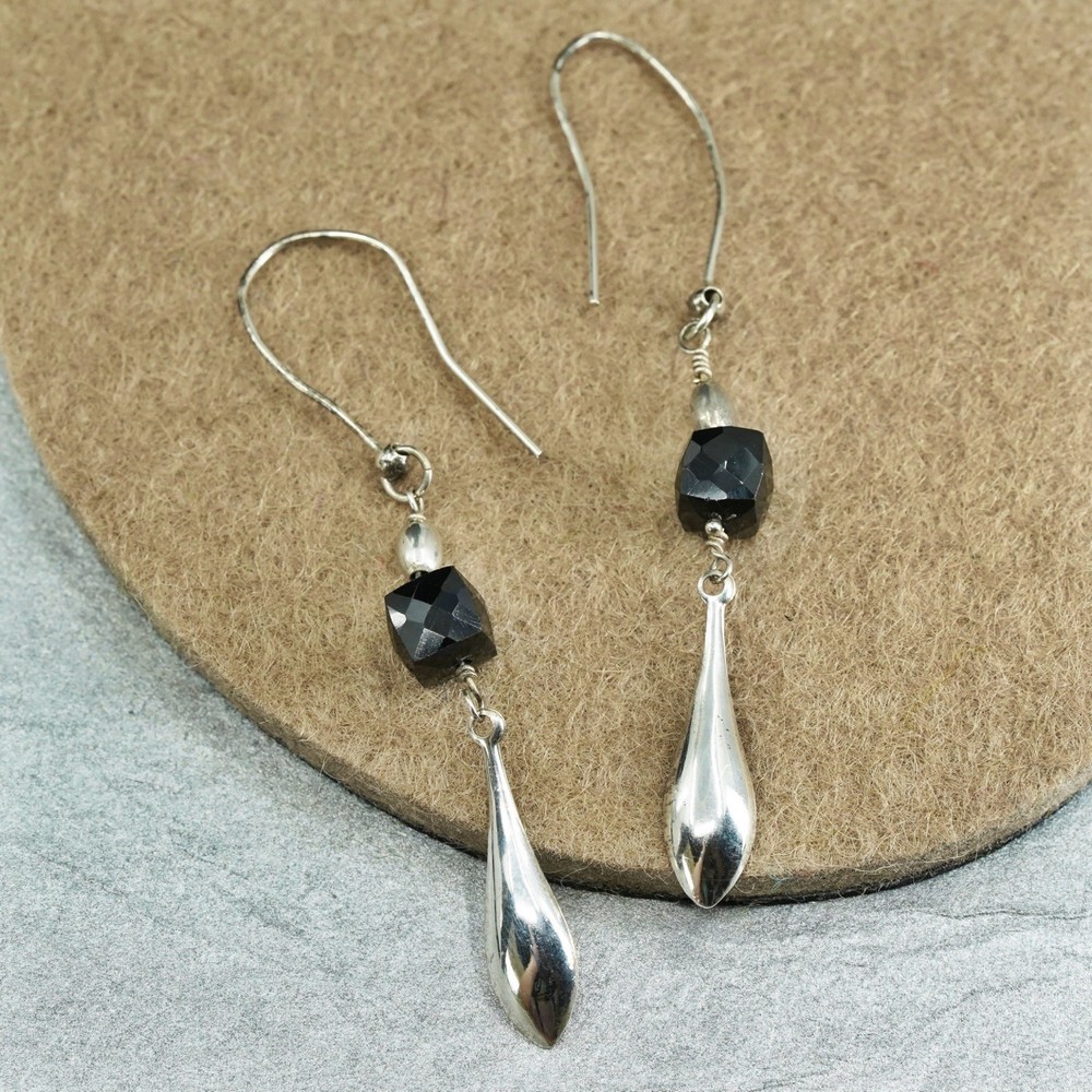 Vintage Sterling 925 silver handmade rectangular earrings with obsidian