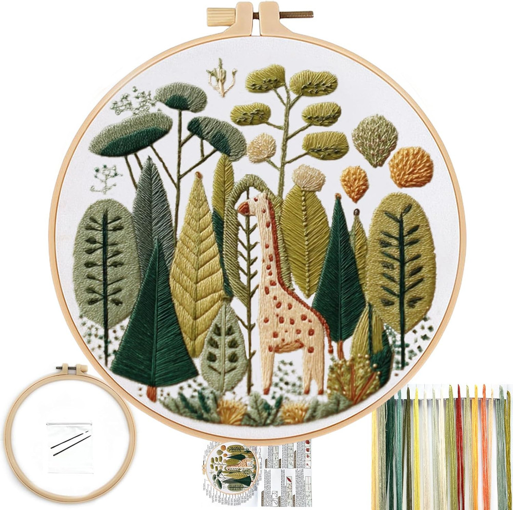 Giraffe Pre-Stamped Embroidery Pattern for Beginners, Boho Needlepoint Kits for