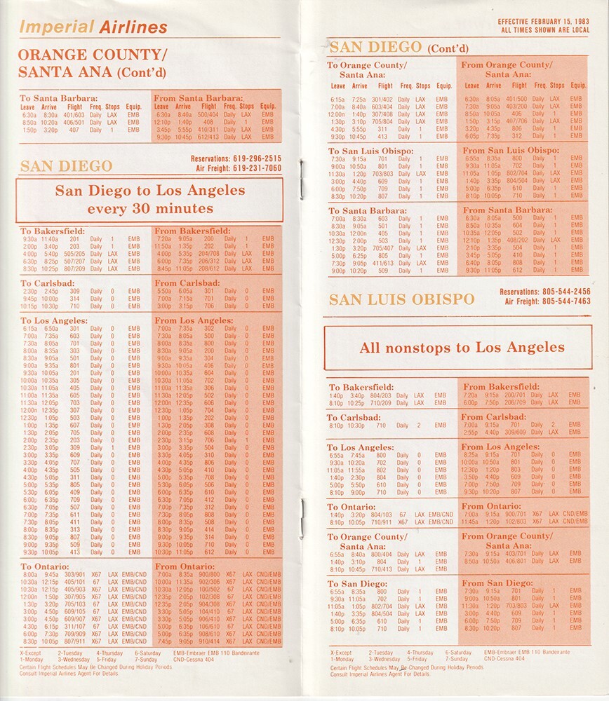 Imperial Airlines timetable 1983/02/15