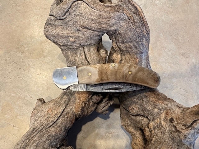 Big Damascus folding blade knife w/ Rams horn handle