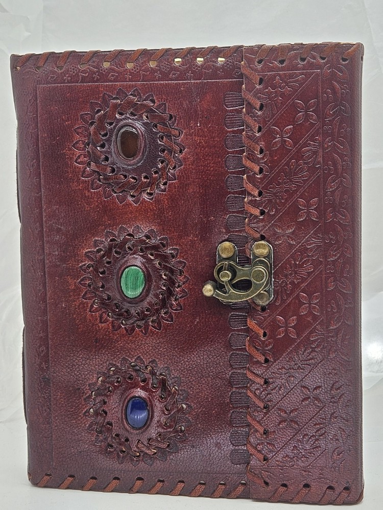 Handmade Leather Mandala Journal Floral Embossed with Three Stones