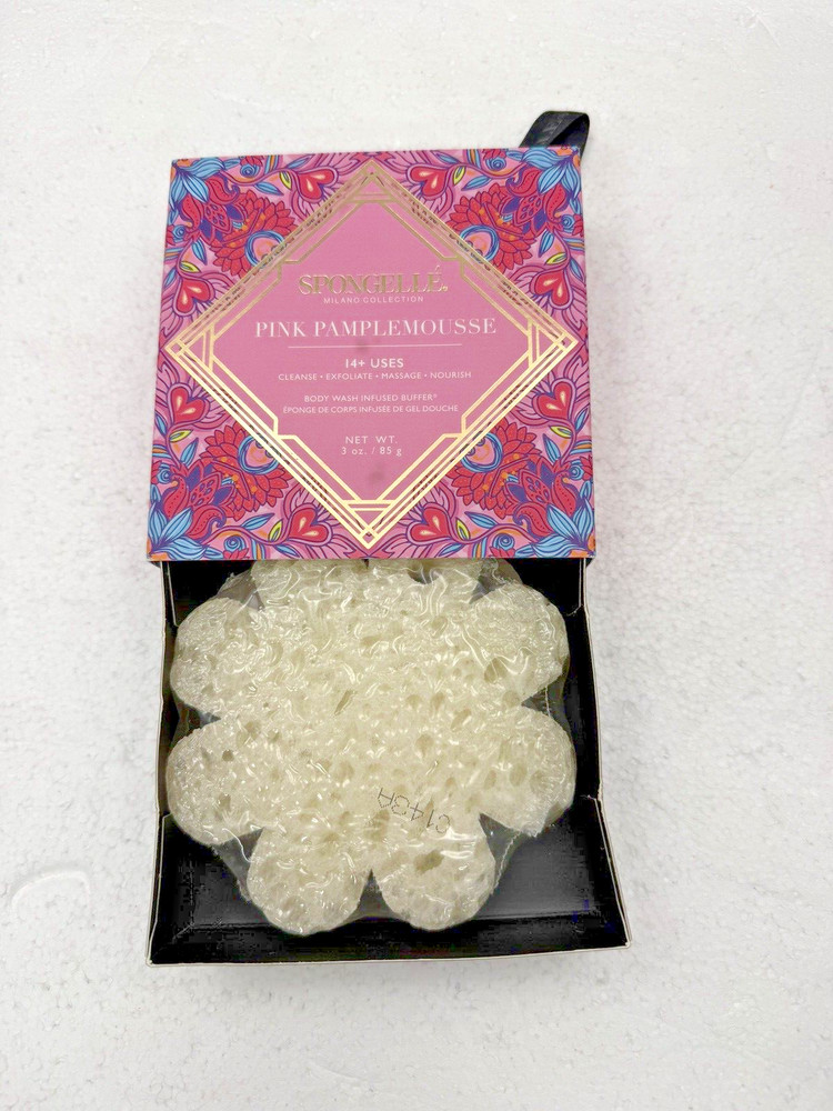 Spongelle PINK PAMPLEMOUSSE Infused Bath Sponge Buffer Grapefruit Rose Amber 3oz