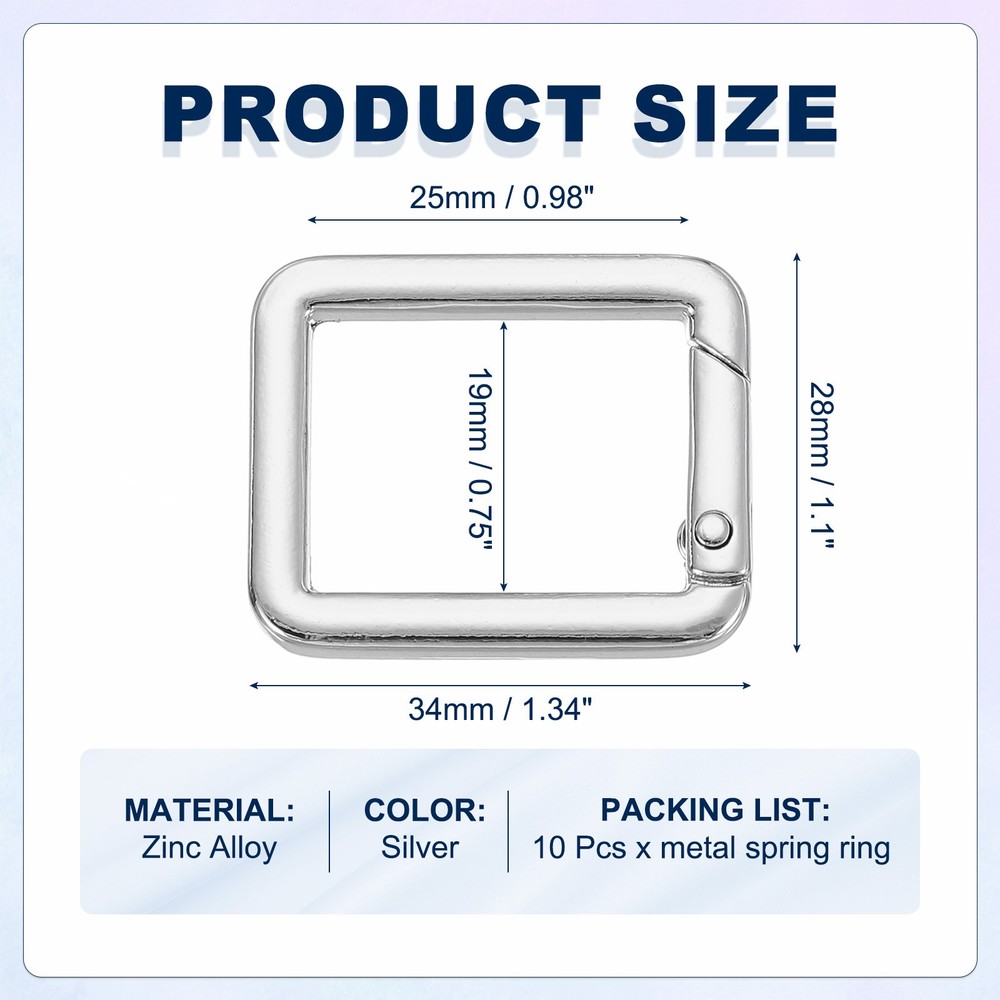 10 Pcs 34mm Square Shaped Spring Snap Keychain Clip for Purses Silver