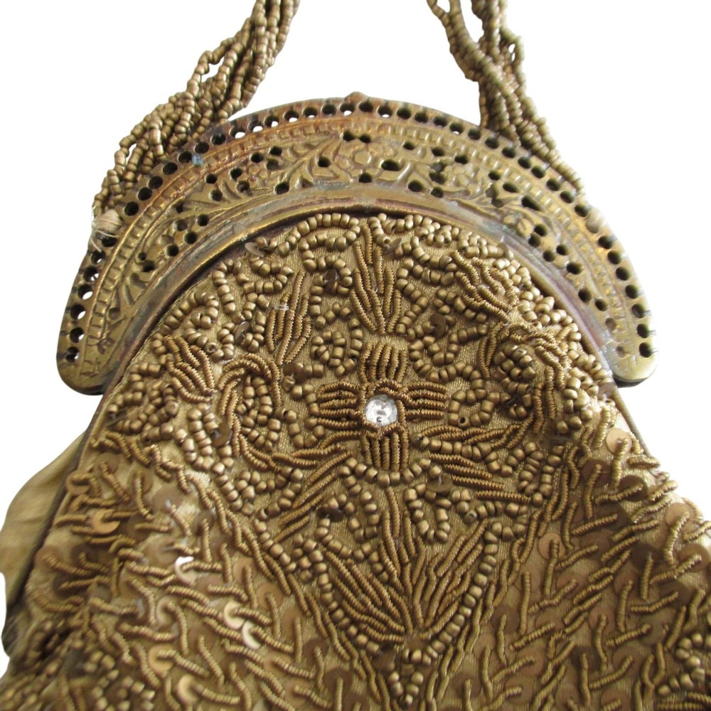 Antique Beaded Purse Gold Beaded Bag Silk Lining Brass Frame