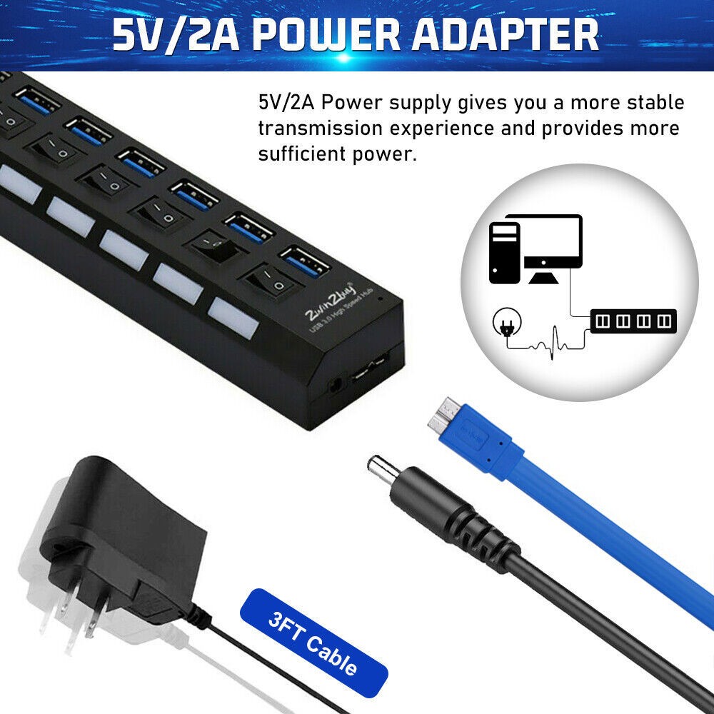 7 Port USB 3.0 Powered Hub Switch Splitter for PC Laptop Desktop Computer