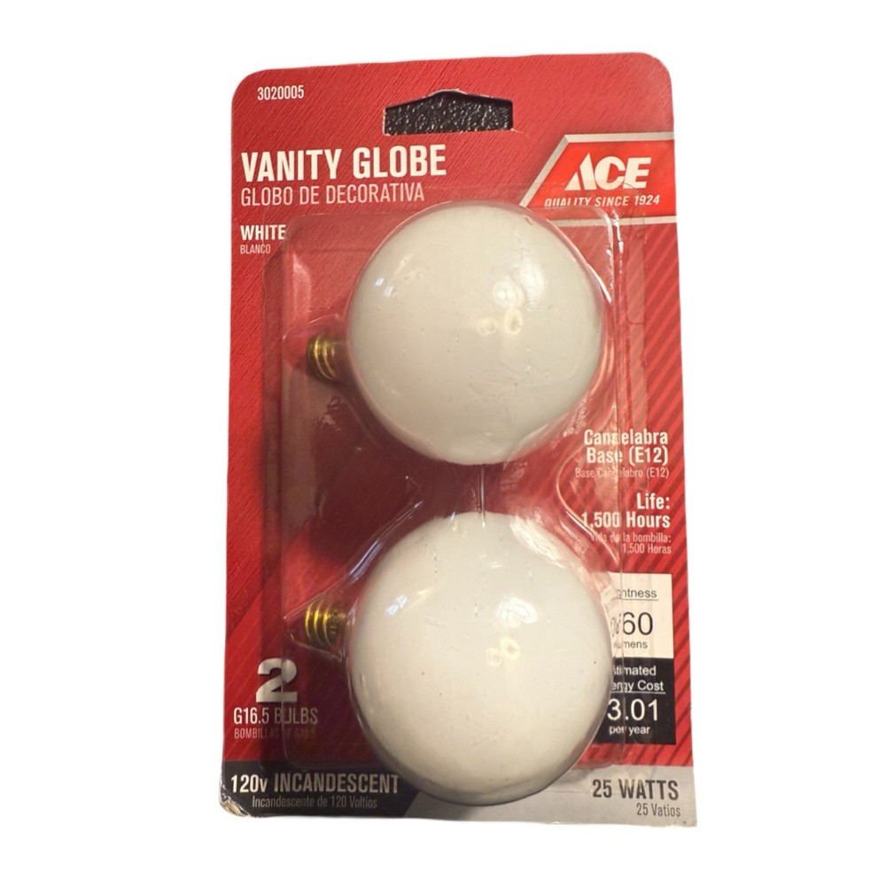 Ace 3020005 Vanity Globe Bulbs 25W Frosted 2 Pack