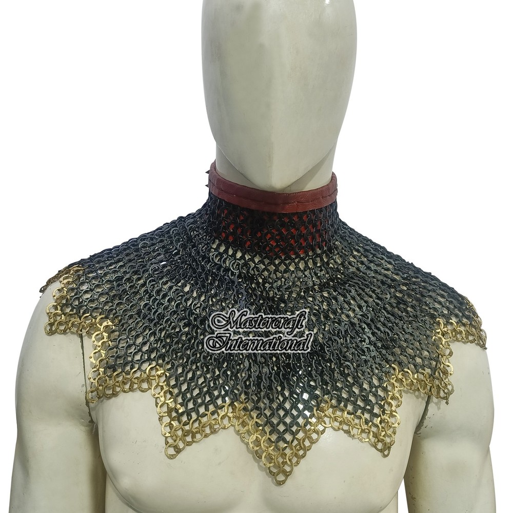 Medieval Chainmail Collar Zig-Zag Design with Brass Ring Neck Protector Armor