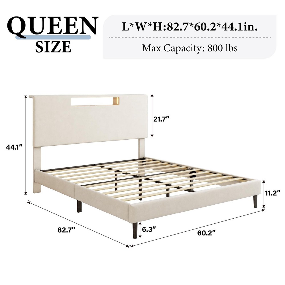 Upholstered Platform Bed Large Size Frame With LED Light And Charging Function