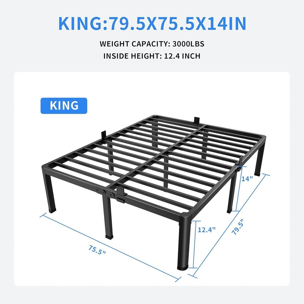 Sturdy 14-inch King Metal Bed Frame with Rounded Corners & No Box Spring Needed