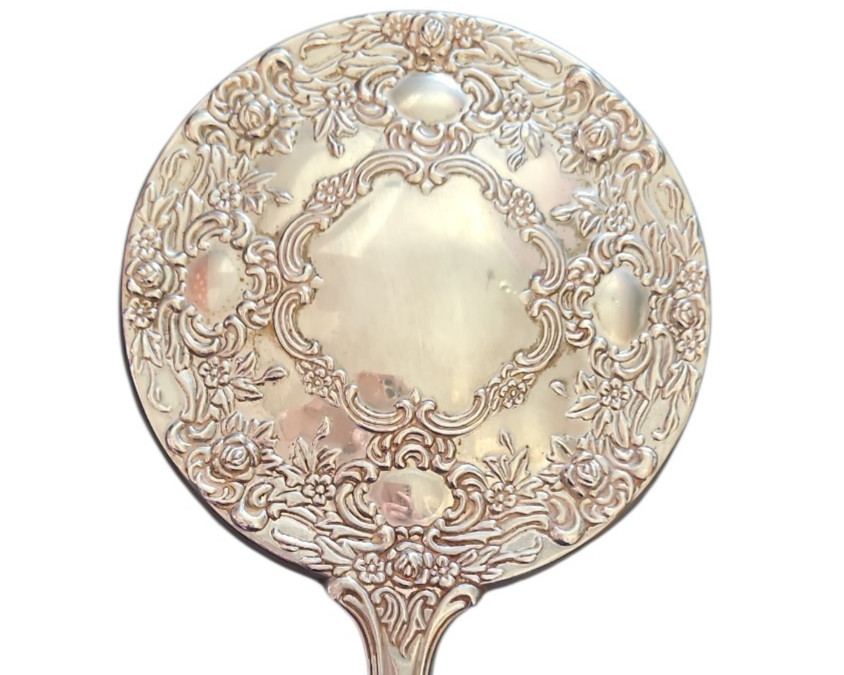 VINTAGE silver repousse hand mirror vanity dressing table mirror vtg