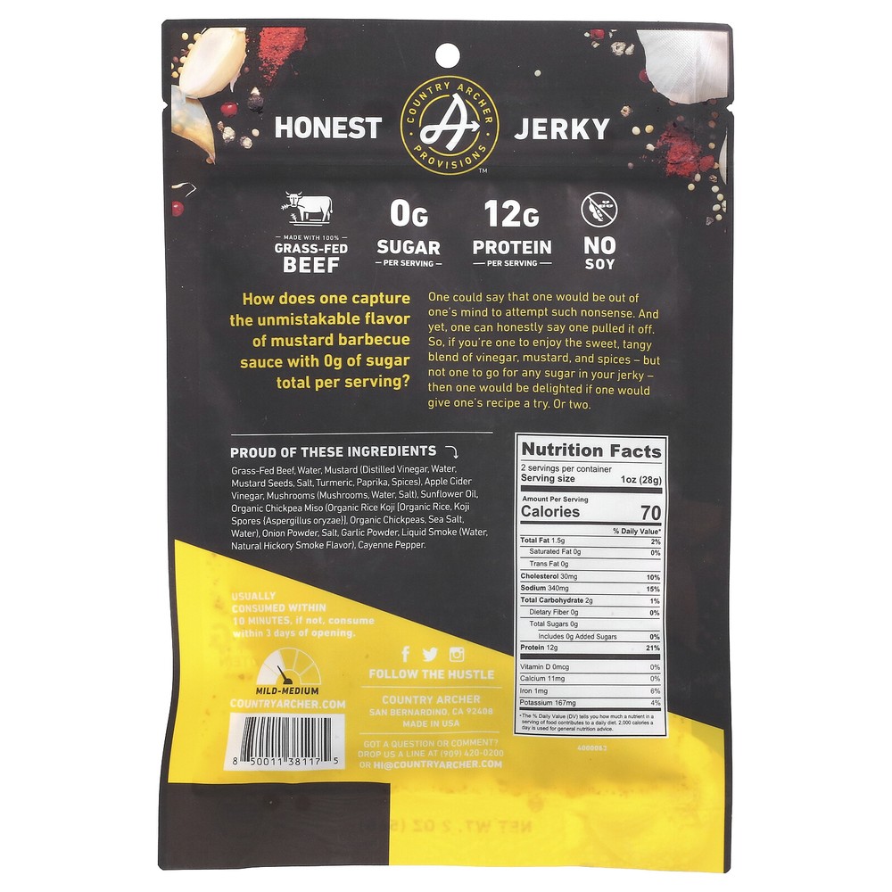 Grass-Fed Beef Jerky, Mustard BBQ, 2 oz (56 g)