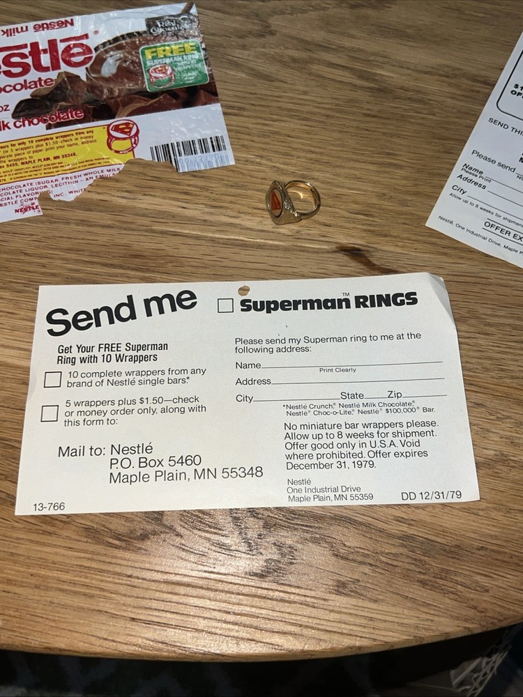 Rare 1978 Superman Ring Nestle Candy Bar Ring, Wrapper Premium Lot