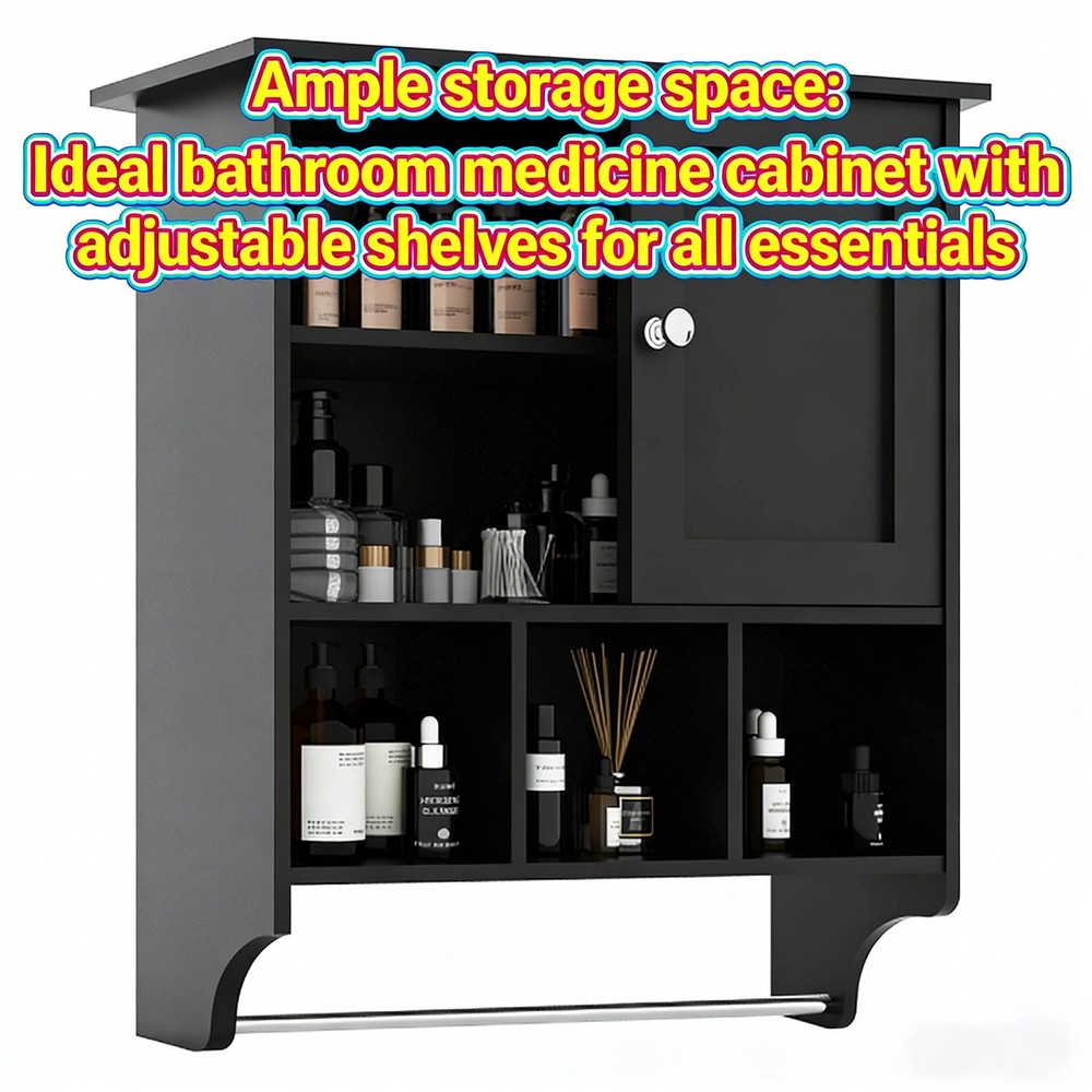 Bathroom cabinet with adjustable shelves and compartments, includes towel rack