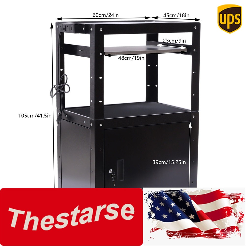 Multi-layer Media AV Cart Height Adjustable Pullout Tray & Power Cord Management
