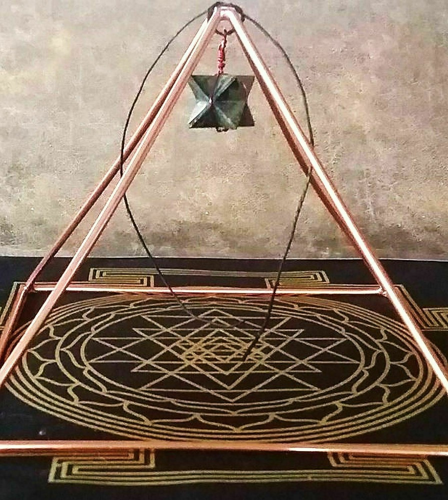 Copper PYRAMID, 8.5" Solid Copper Pyramid With Sri Yantra Mat and Merkaba