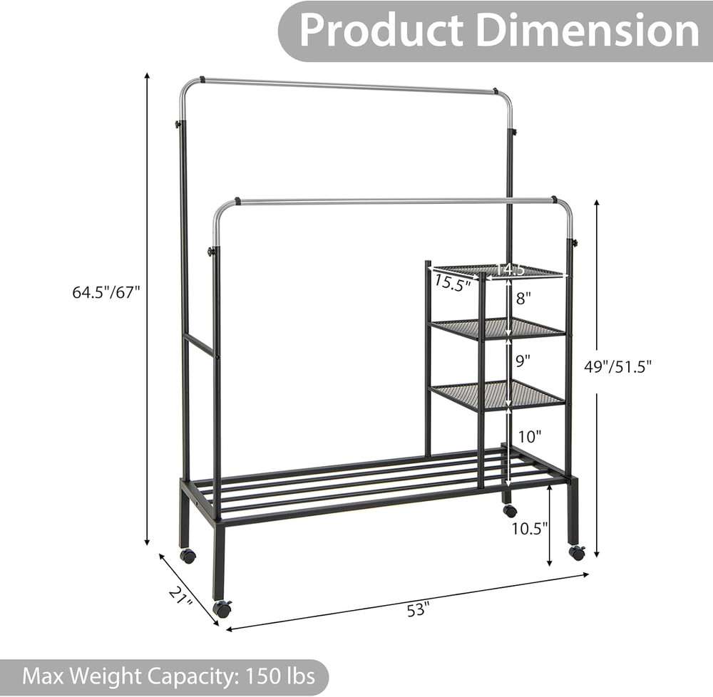 Sturdy Adjustable Rolling Garment Rack with Lockable Wheels & Shelves