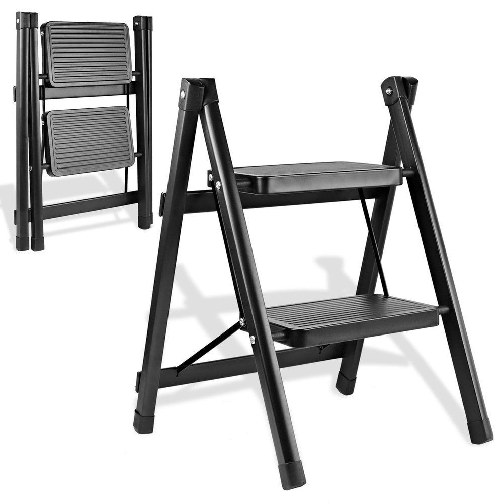 2-Step Ladder, Folding Step Stool for Kitchen/Closet/Garage, 2-Step, Black