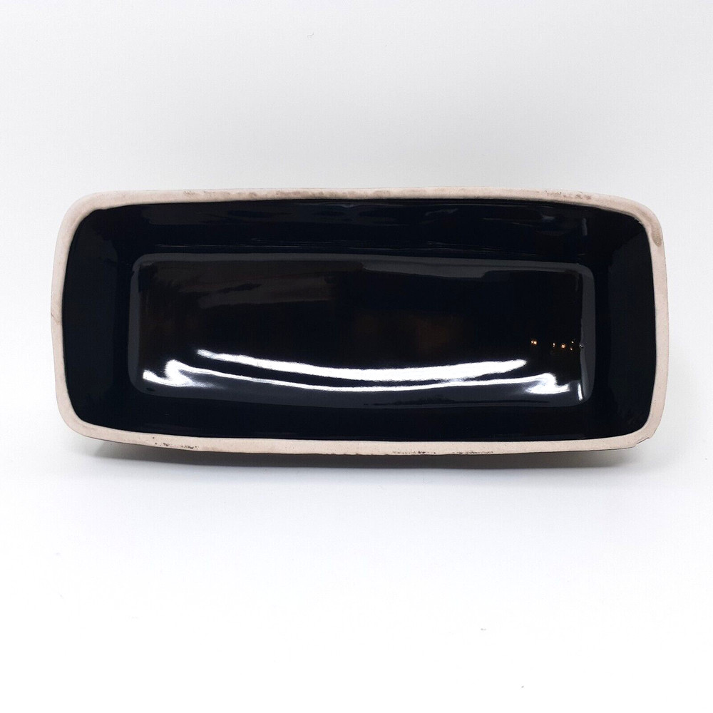 ROSCHER Butter Dish Server with Lid Stoneware Knotted Handle Black & Beige *Flaw