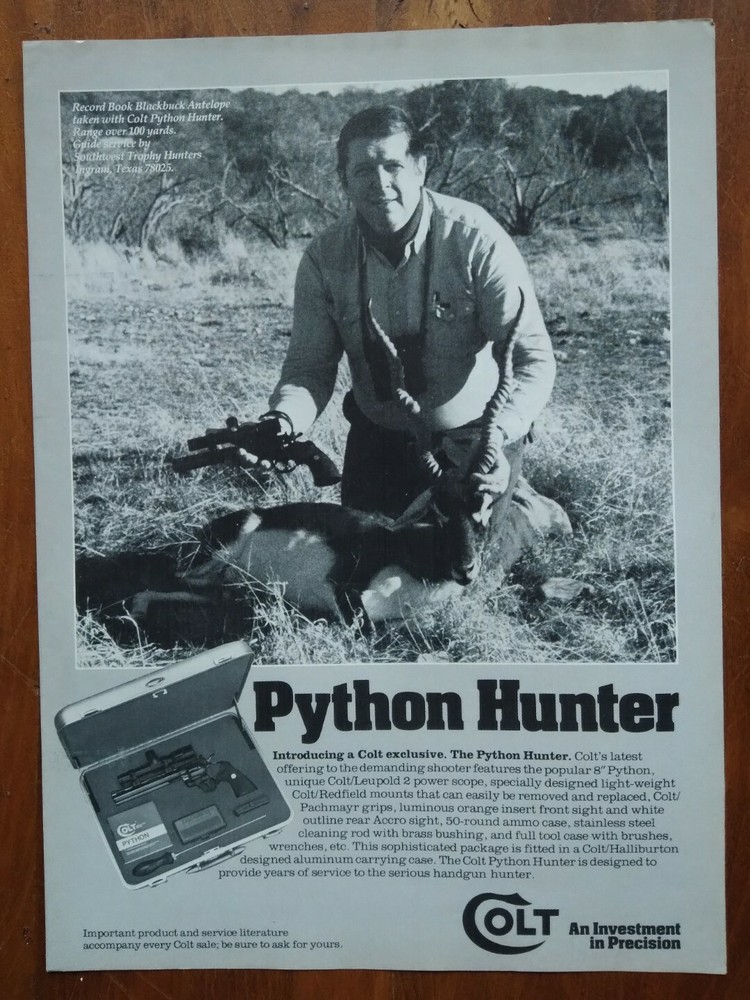 1980 Colt Python Hunter Vintage Print Ad Record Blackbuck Antelope Ingram Texas