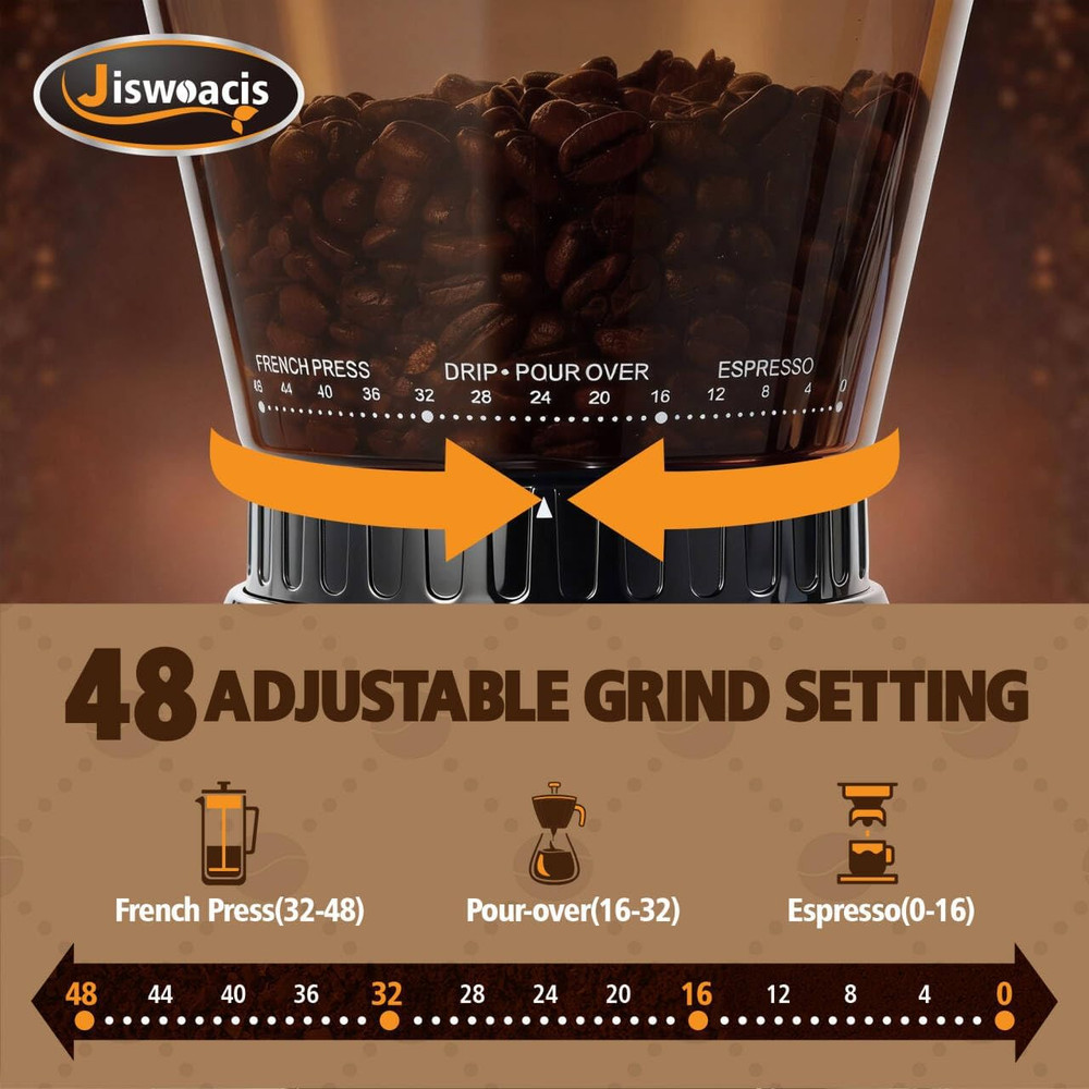 Electric Burr Coffee Grinder with 48 Settings & Precision Timer, Stainless Steel