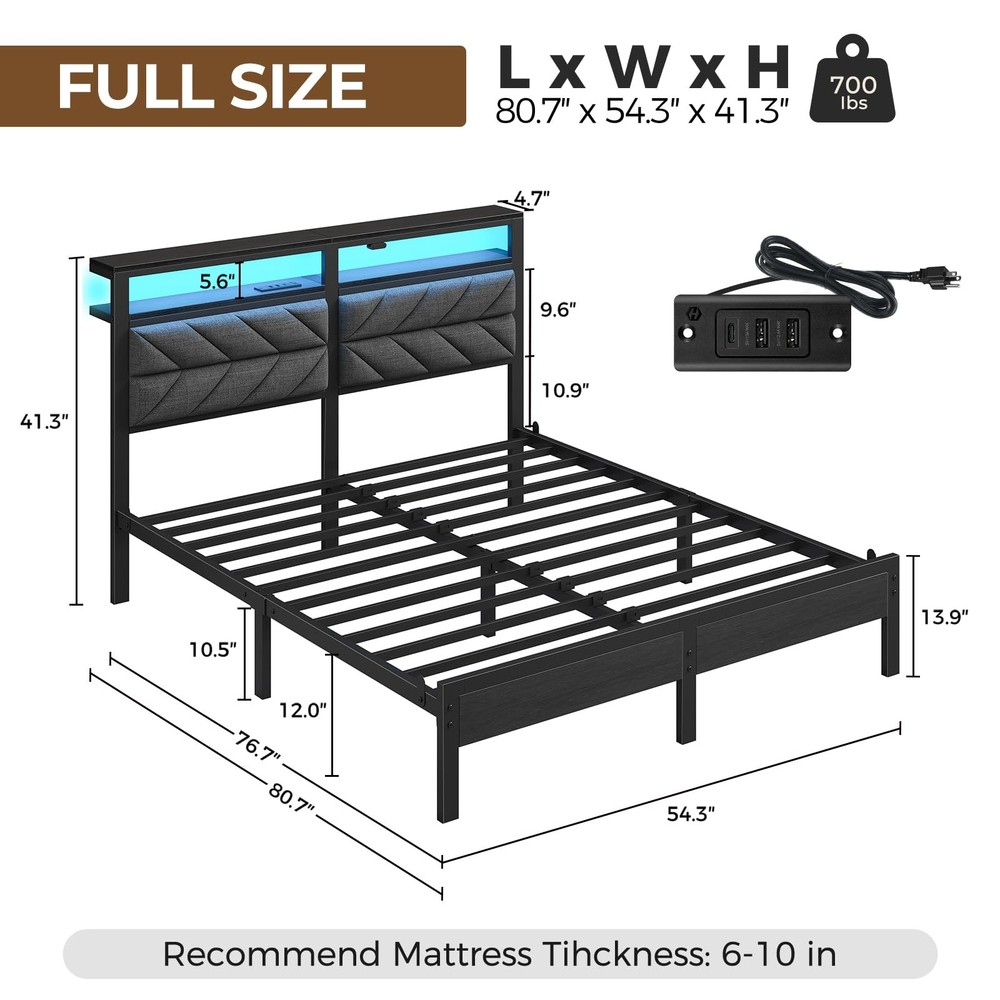 Full Size Bed Frame with Charging Station & LED Lights, Upholstered Headboard...