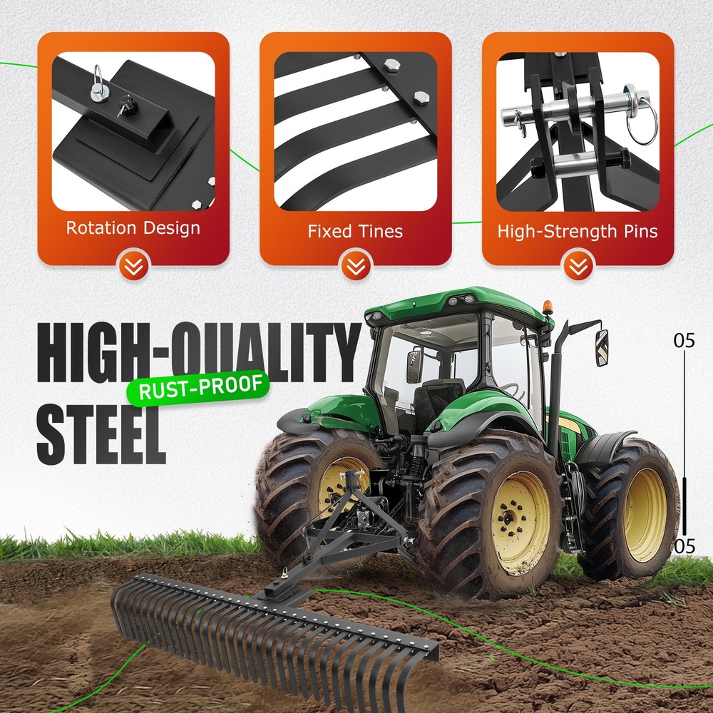 3 Point 60" Landscape Rake For Cat 1 Tractor Hookup Compact Tractors Loader