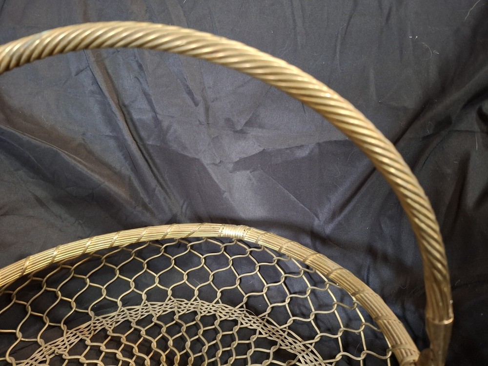 Vintage Gatco Woven Solid Brass Fishnet Wire Basket w/ Handle 14”