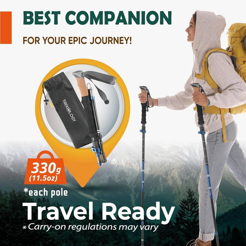 Lightweight Folding Trekking Poles with Cork Grip & Adjustable Height Features