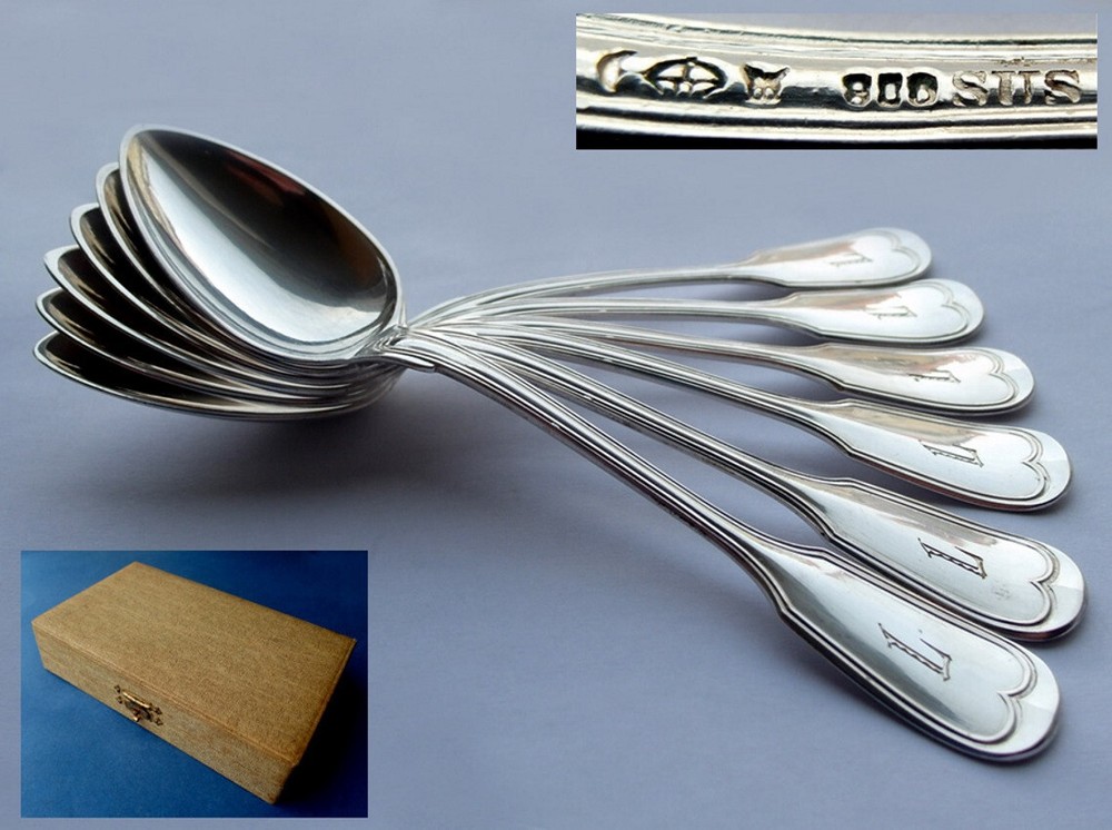 Set, 6 Tea Spoon, Thread Augsburger, Sus , 800er Silver, Um 1900 E558
