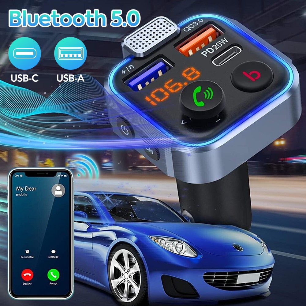 Bluetooth 5.0 Car Wireless FM Transmitter Adapter 2USB PD Charger AUX Hands-Free