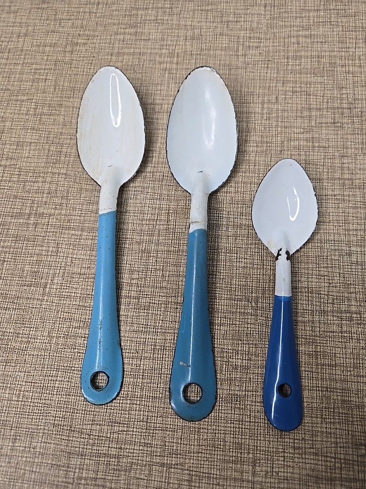 Vintage Enamel 8” & 6" Serving Spoons / Blue & White