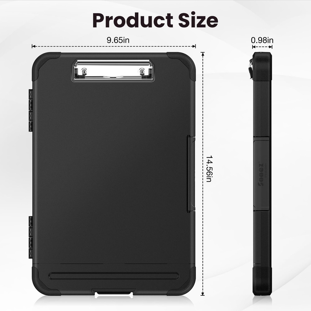 Sooez Reinforced Clipboard with Storage, Inner Plastic Folder Attached, Black