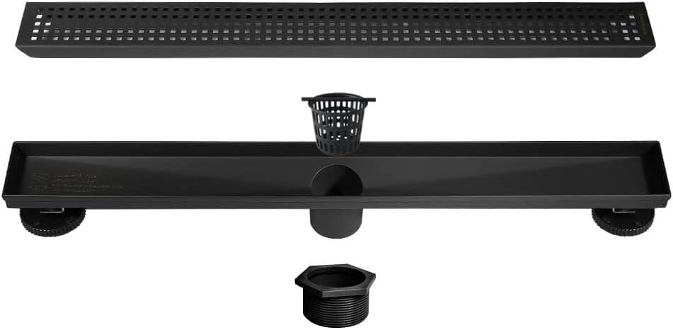 Desagüe de ducha lineal de 24 pulgadas, desagüe de suelo rectangular negro